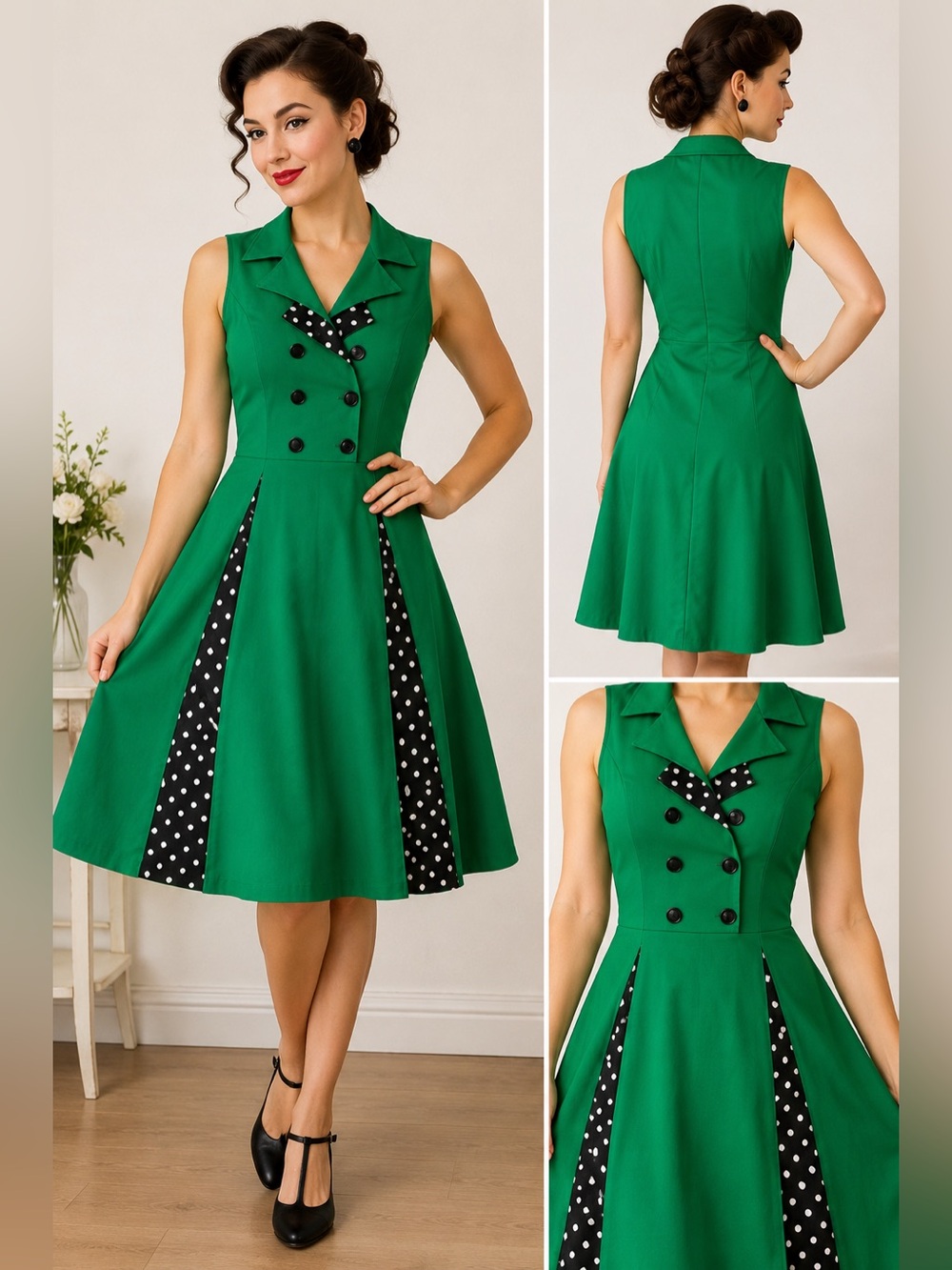 KILLREAL Green Polka Dot Fit & Flare Dress – Retro Sleeveless Midi | Size‎ S